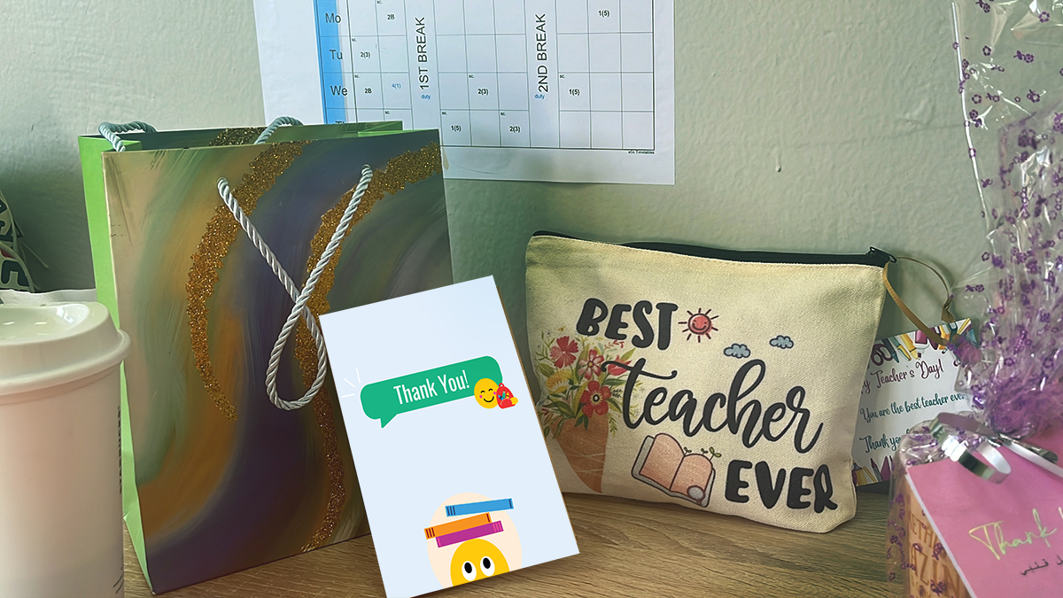 Teacher desk with gifts for Teacher Appreciation Week