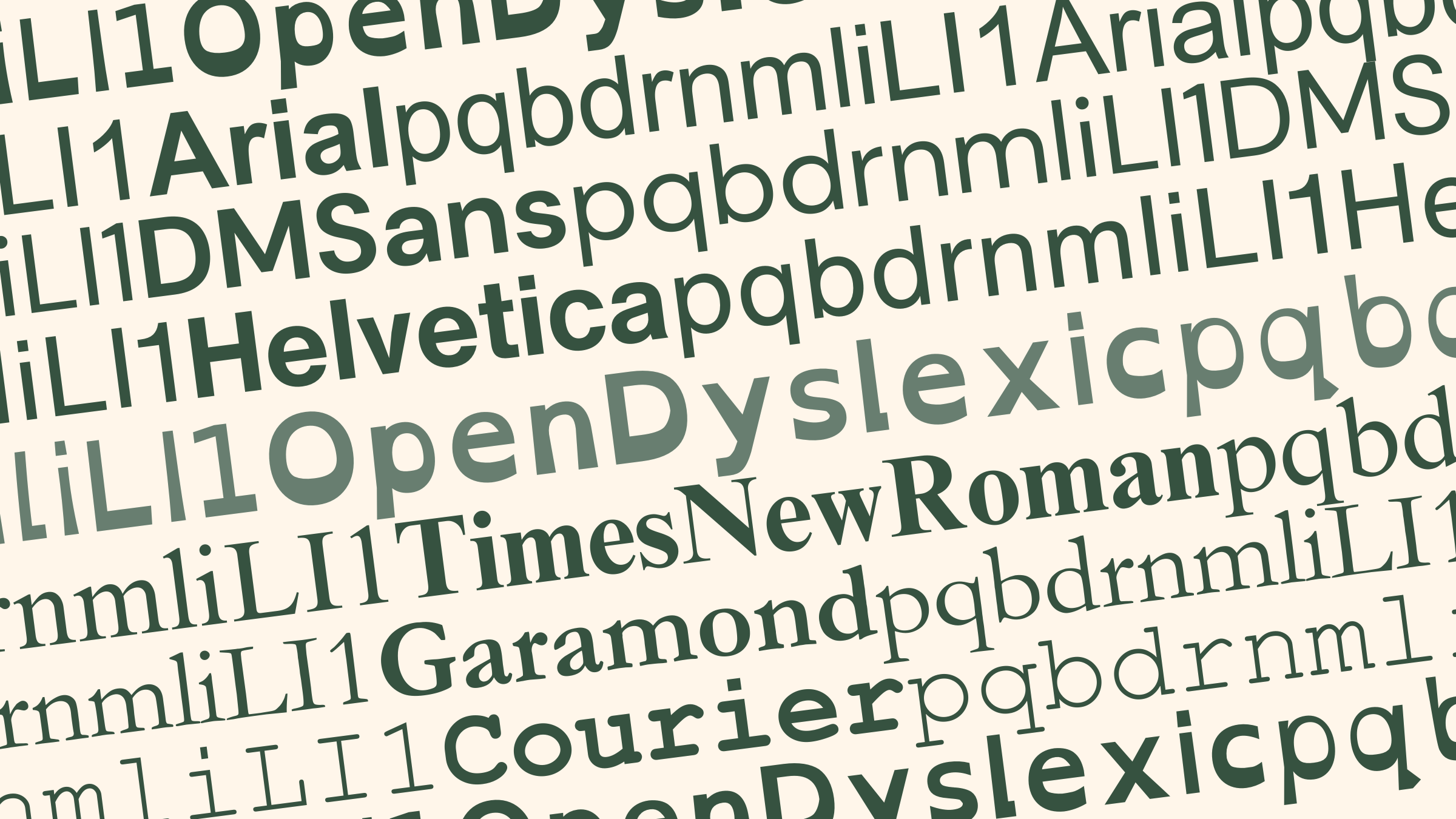 Comparison of popular san serif (Arial, DM Sans, Helvetics), serif fonts (Times New Roman, Garamond, and Courier) with OpenDyslexic